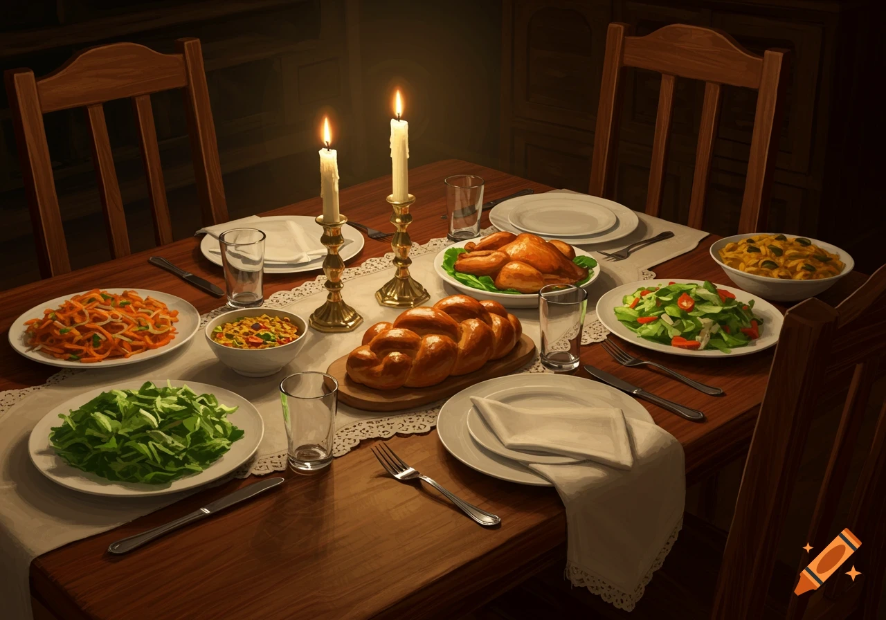 A warm, candlelit dinner table with challah bread, roasted chicken, salads, and pasta, set with plates and glasses.