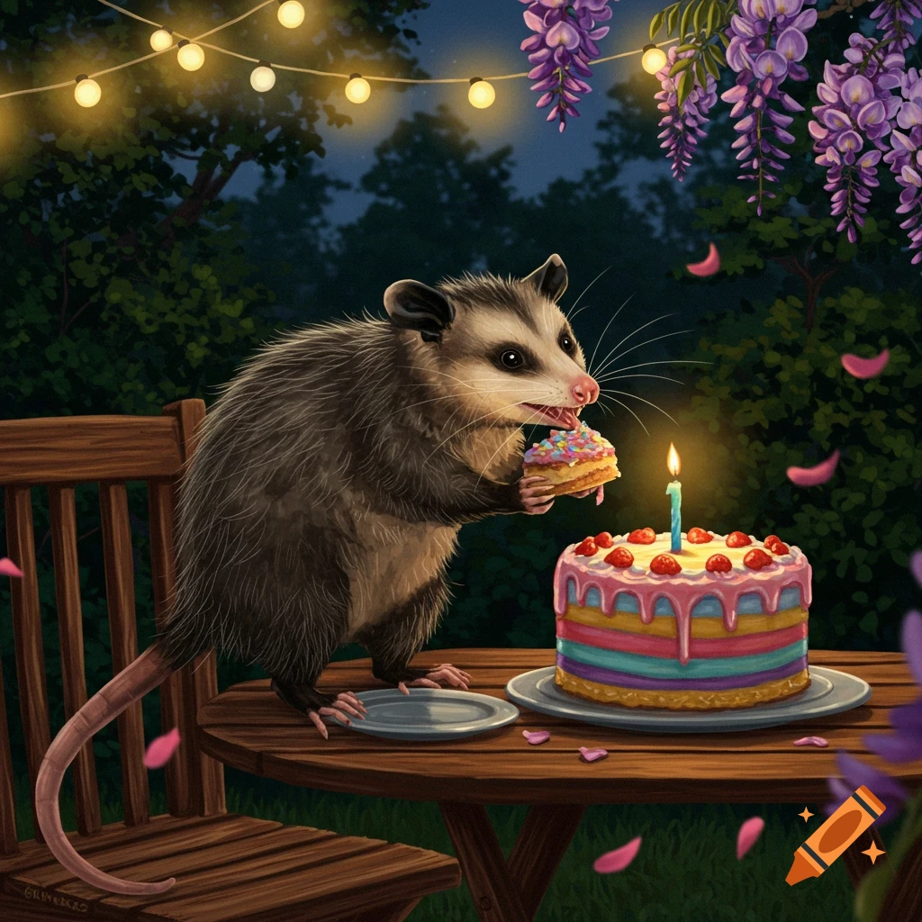 An illustrated possum eats a cupcake next to a colorful birthday cake with a candle, under string lights and wisteria at night.
