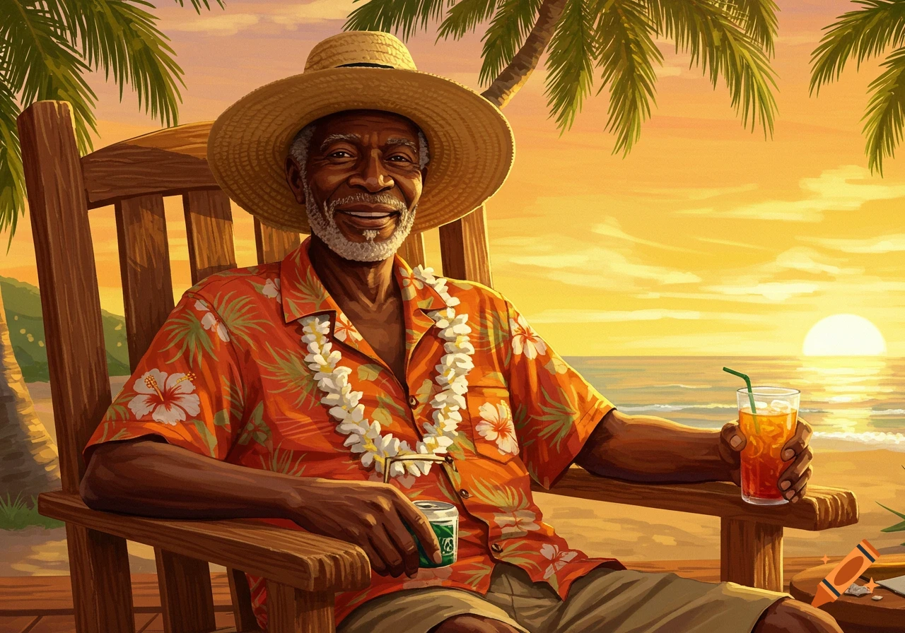 An old Black man in a straw hat and Hawaiian shirt sits in a rocking chair on a beach, watching the sunset with a drink.