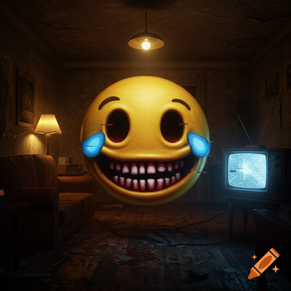 A terrifying, distorted crying laughing emoji with sharp teeth and red eyes floats in a dark, creepy room with a static TV.