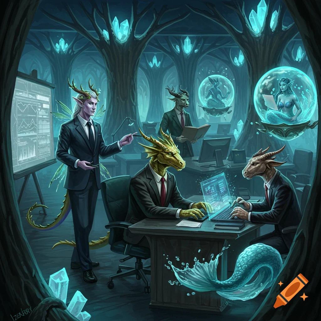 Fantasy creatures in suits, including elves, dragons, and mermaids, work in a mystical, crystal-filled corporate office with computers and a presentation.