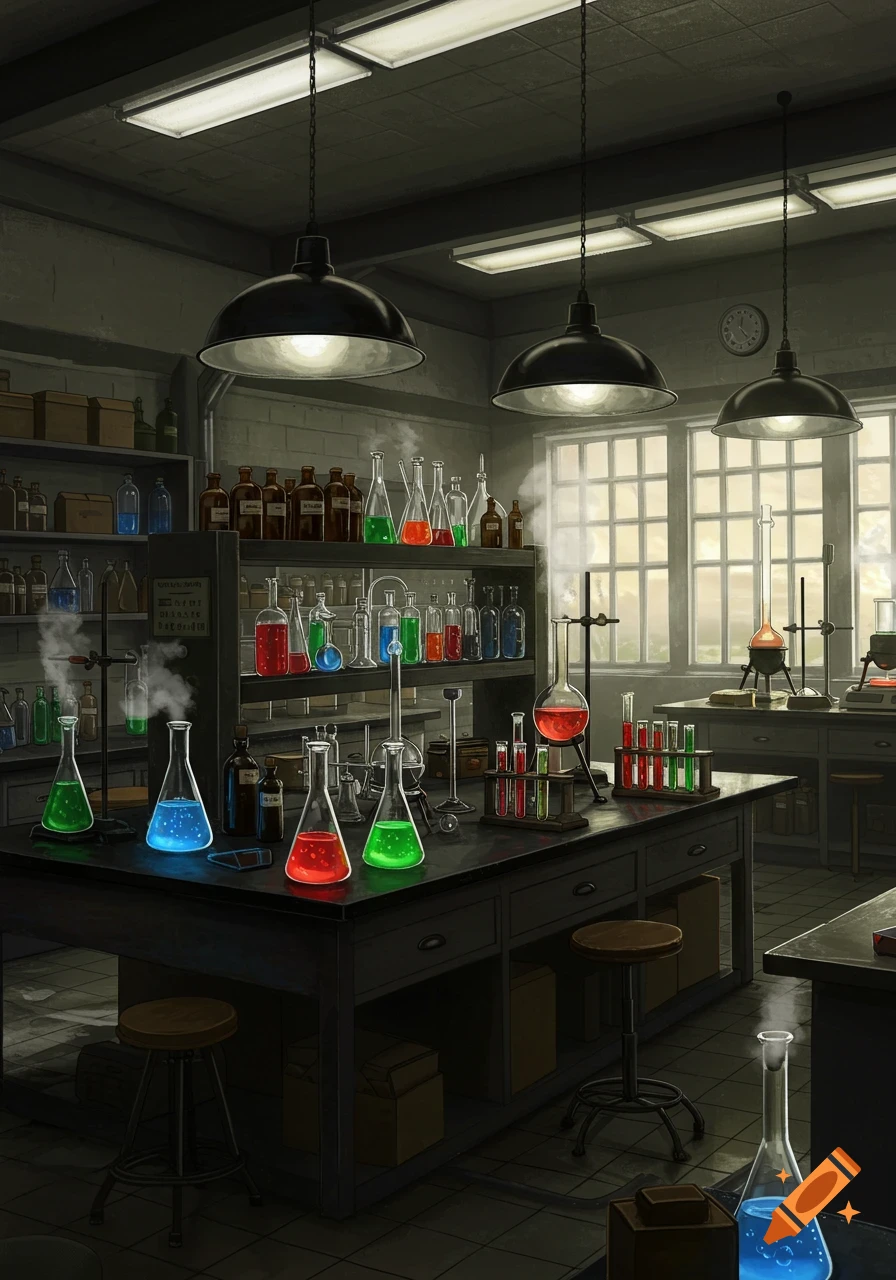 A dimly lit chemistry laboratory with various glowing beakers, test tubes, and scientific equipment on wooden tables. Sunlight streams through large windows.