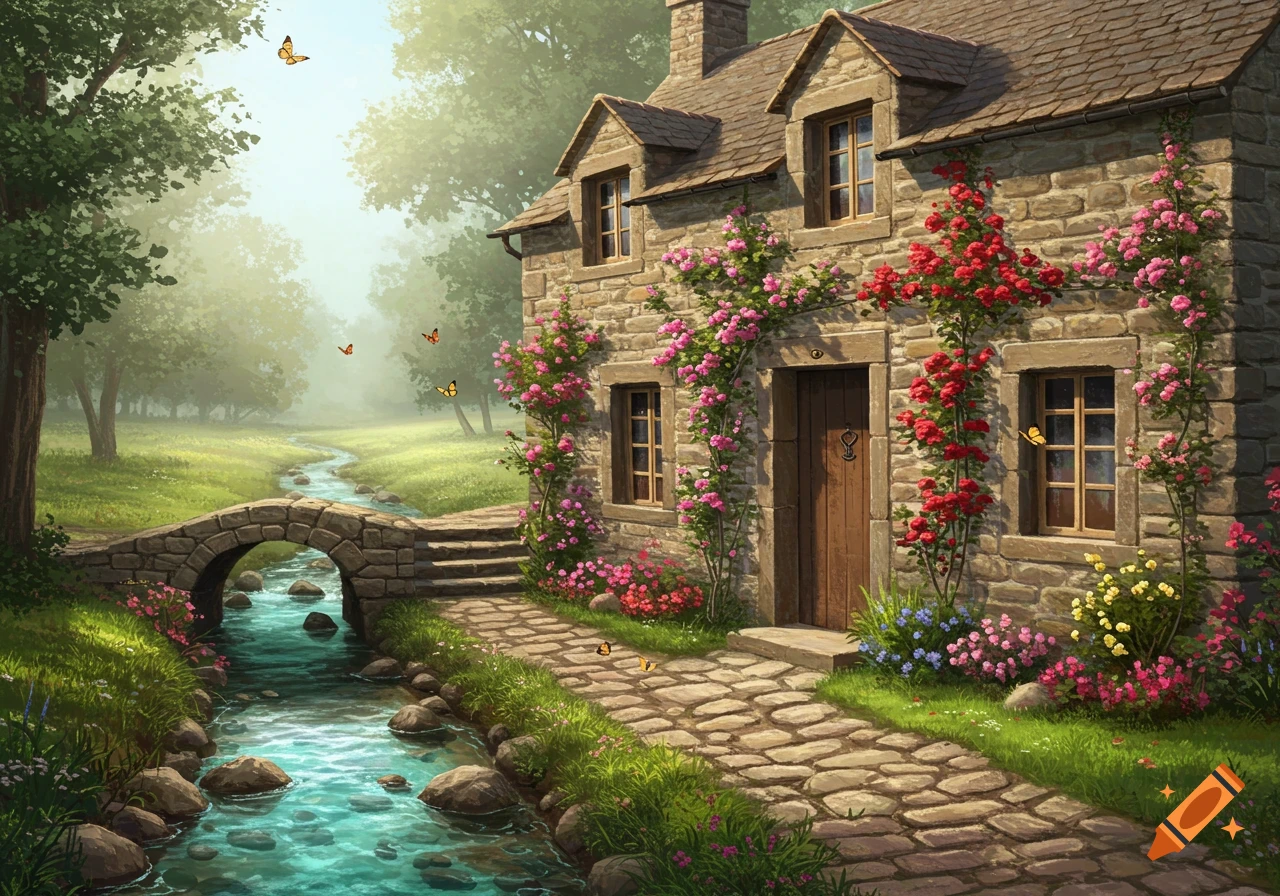 Illustrative painting of a stone cottage with climbing roses next to a stream with a stone arch bridge, set in a lush, sunny landscape.