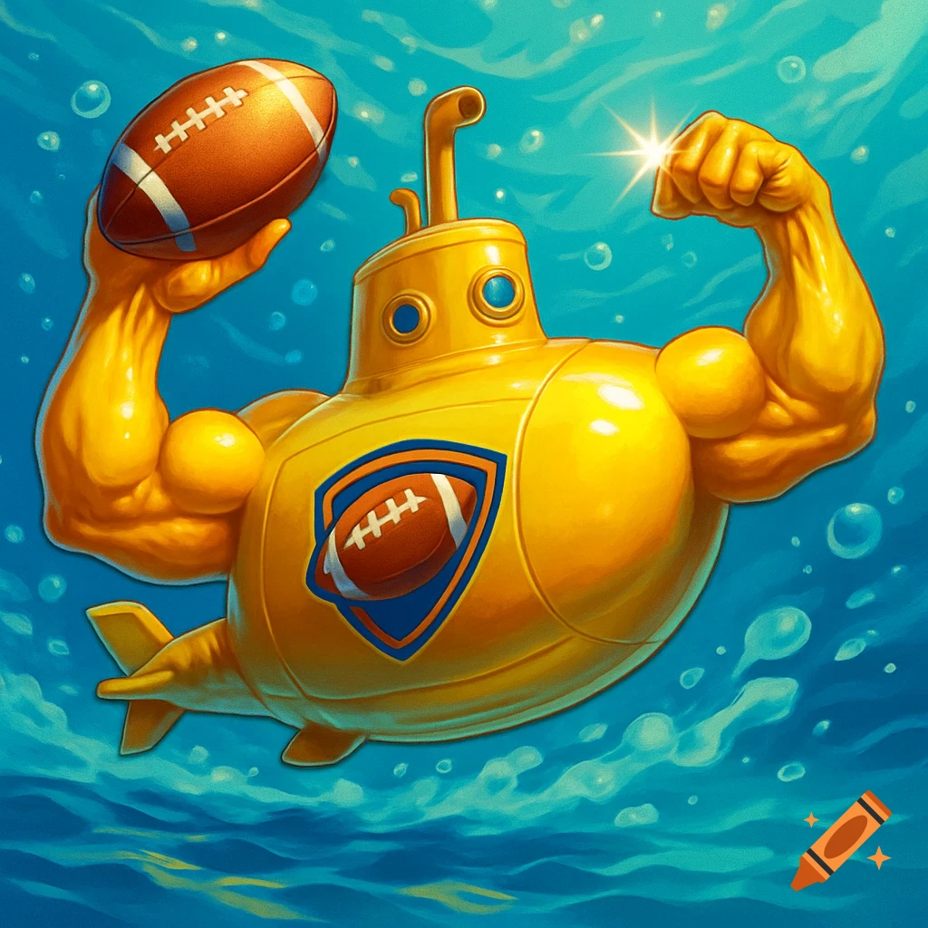 A cartoonish yellow submarine with buff muscular arms holds a football, with another football on its chest emblem, all underwater with bubbles.