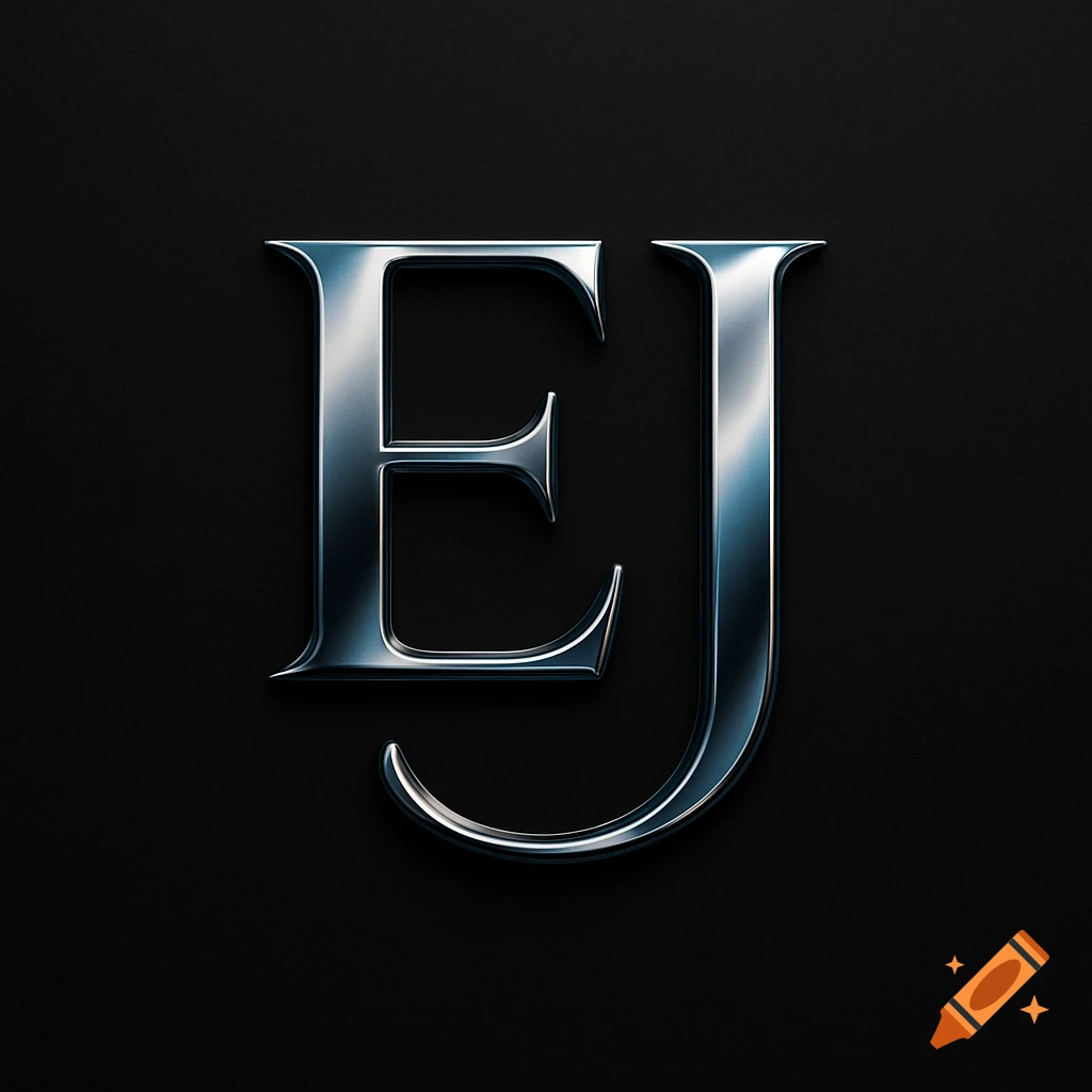 Sleek, metallic silver letters E and J on a dark black background.