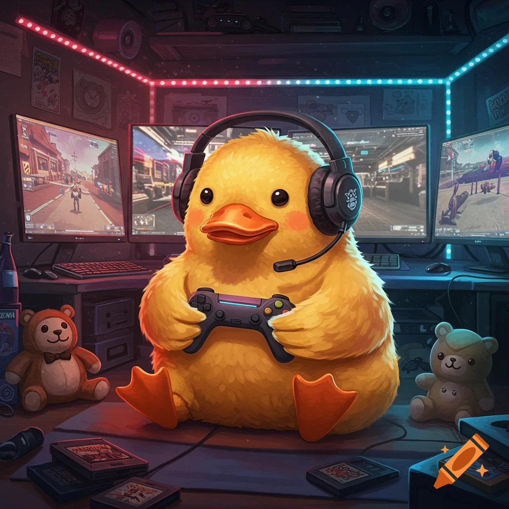 Cartoon fluffy yellow duck with a gaming headset and controller sits in a glowing gamer room with multiple screens and stuffed toys.