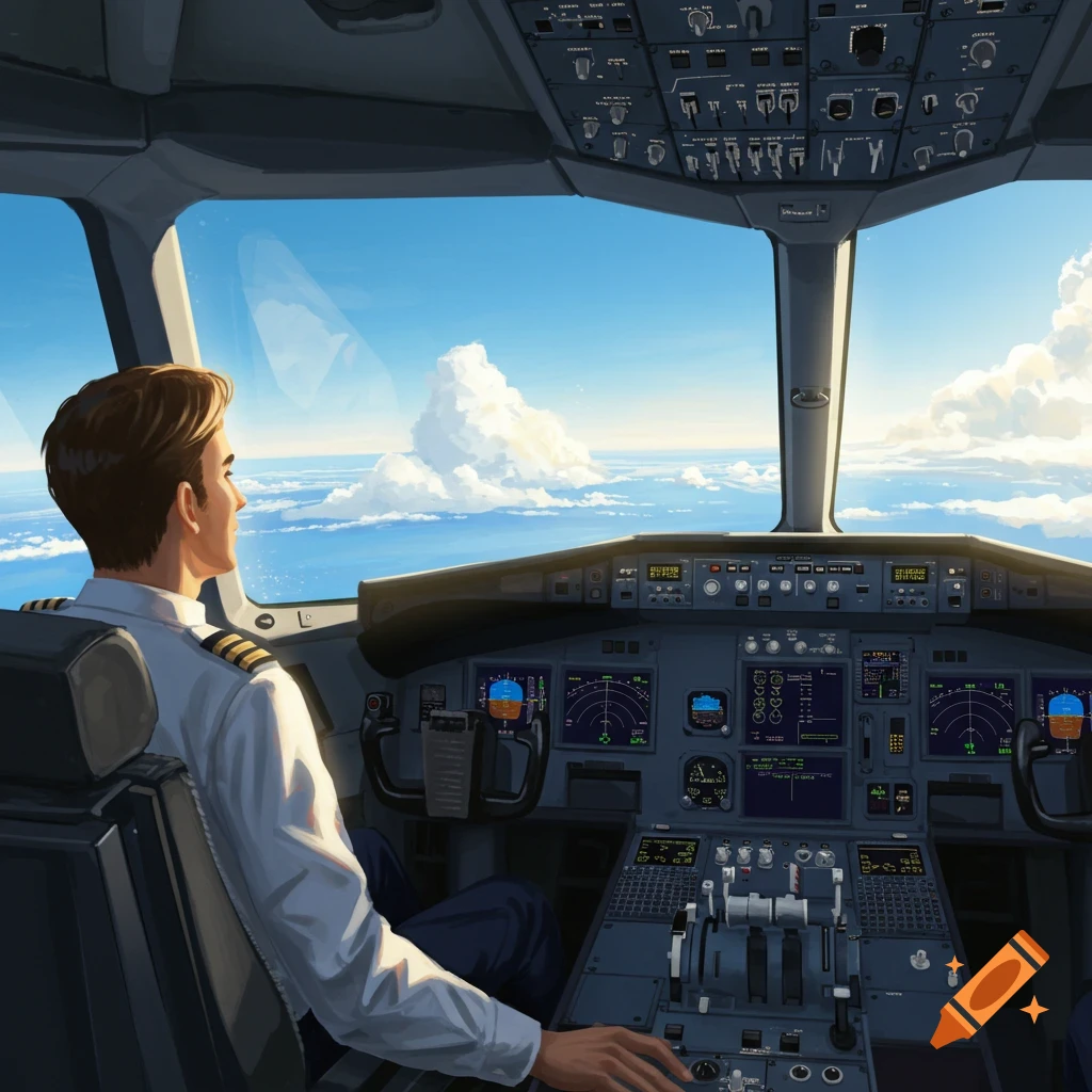 A pilot in a cockpit looks out at a bright blue sky with fluffy white clouds, rendered in an illustrative style.
