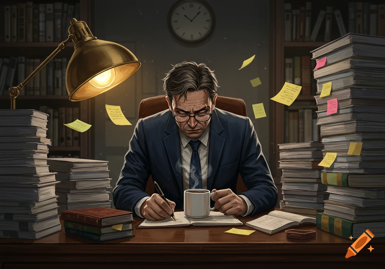 A stressed man in a suit and glasses writes at a cluttered desk piled with books and papers under a bright lamp, in a dark office.