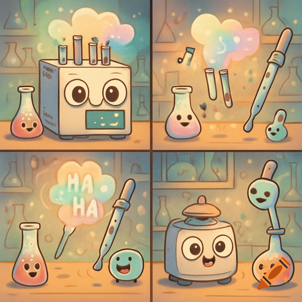 A cute cartoon comic strip featuring anthropomorphic laboratory equipment with happy faces.
