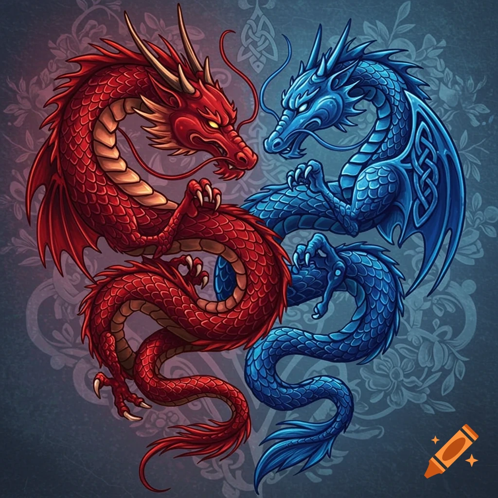 Two stylized dragons, one red Japanese and one blue Celtic, intertwine to form a heart shape against a patterned background.
