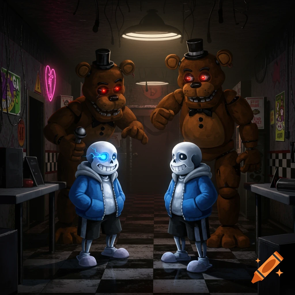 Digital illustration of two Sans characters in blue hoodies standing in front of two red-eyed Freddy Fazbear animatronics in a dimly lit, eerie room with checkered floors.
