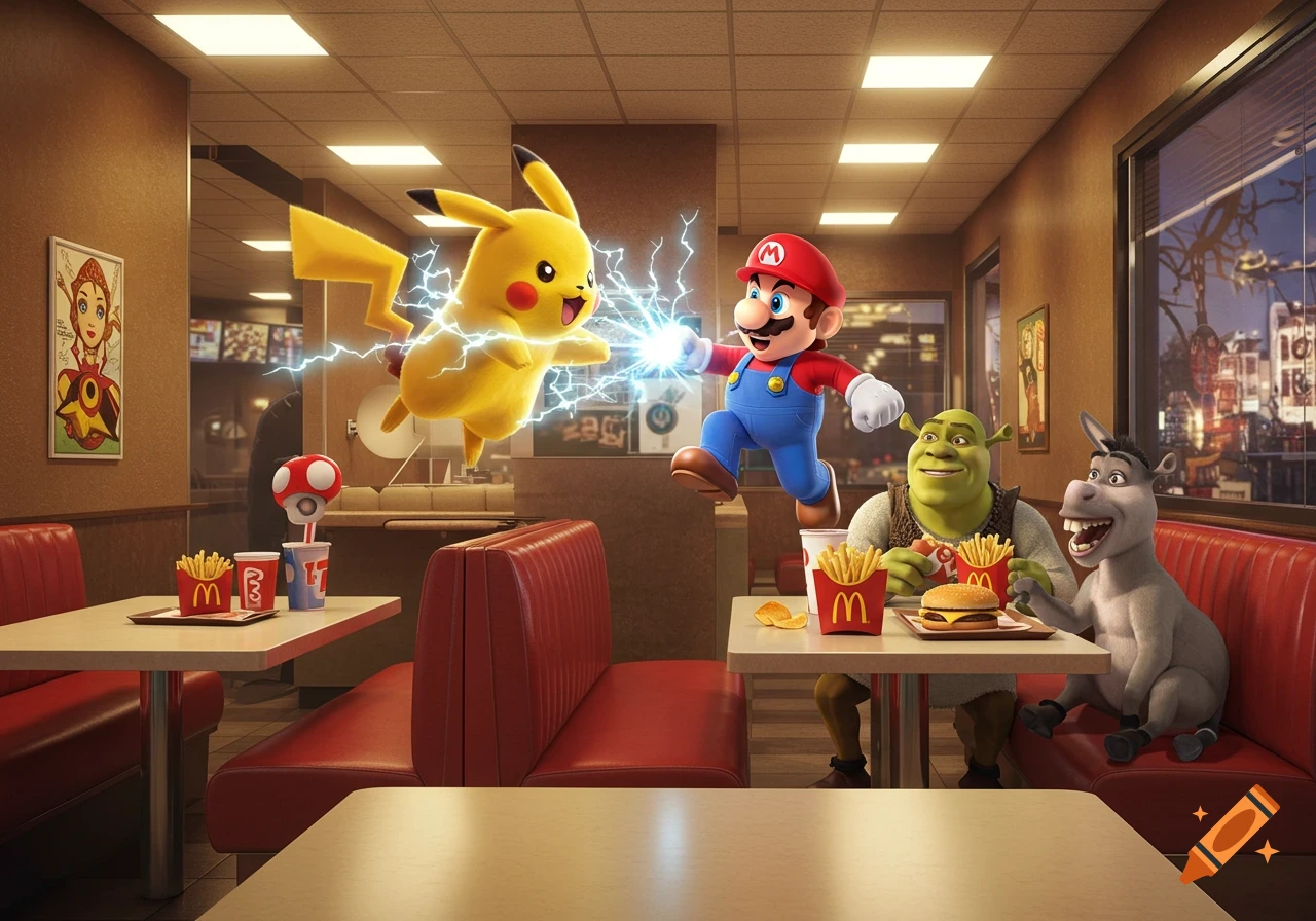 Pikachu and Mario battle with electricity in a McDonald's restaurant, while Shrek eats a burger and Donkey looks on excitedly.