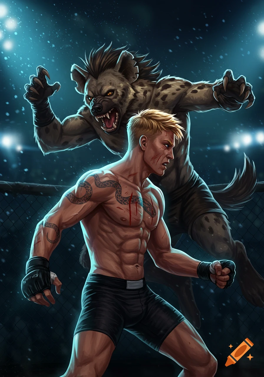 A detailed illustration of a muscular blonde man with a snake tattoo fighting a fierce hyena-man in a dark, lit arena cage.