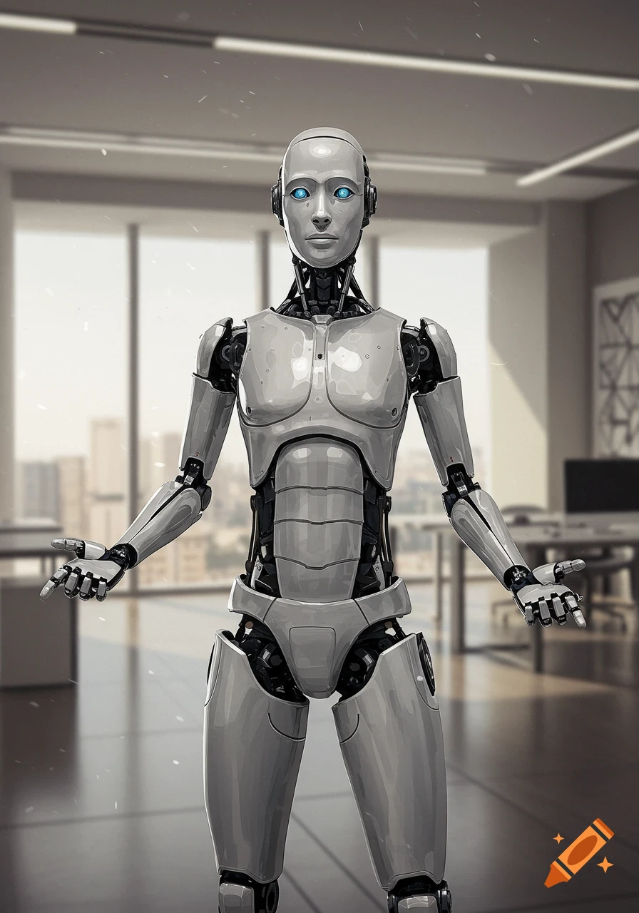 Photorealistic humanoid robot with blue eyes standing in a modern office with open hands.