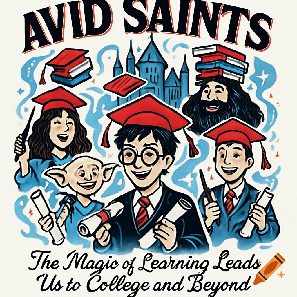 Cartoon illustration of Harry Potter characters in graduation caps, holding diplomas, with a castle background. Text reads "AVID SAINTS" and "The Magic of Learning Leads Us to College and Beyond".