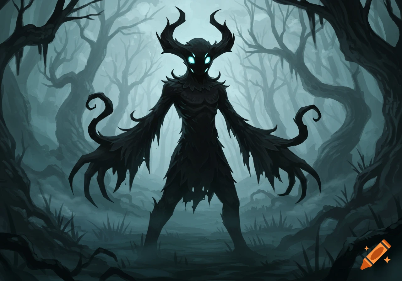 A stylized, dark, shadowy monster with glowing blue eyes and horns stands in a misty, spooky forest with gnarled trees.