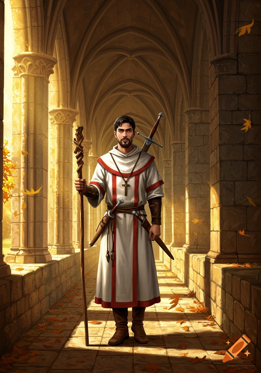 A medieval warrior monk with a staff, sword, and dagger stands in a vaulted stone corridor with fallen autumn leaves.