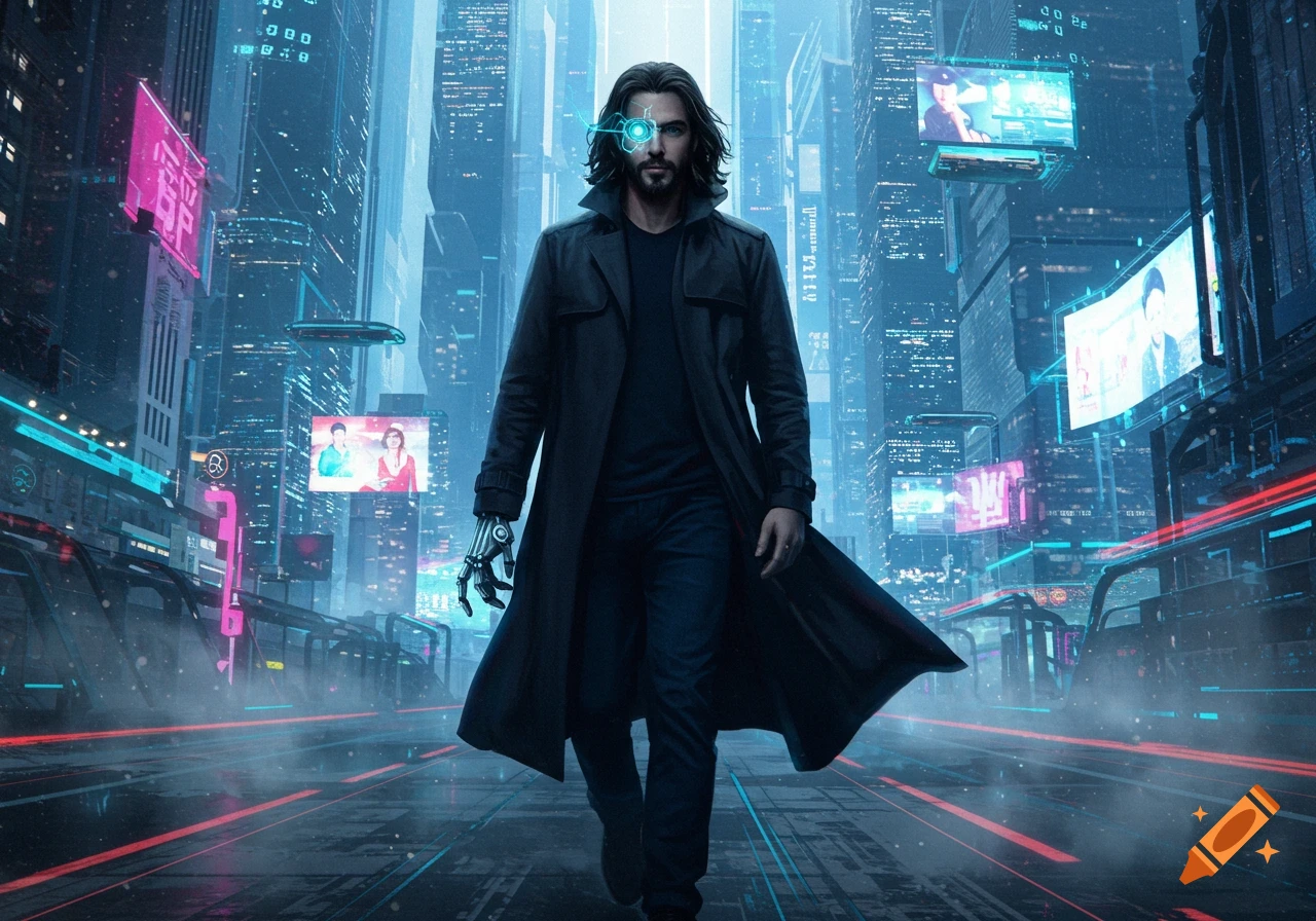 A man with a glowing cyan robotic eye and hand in a long trench coat walks through a futuristic city at night, digital art.