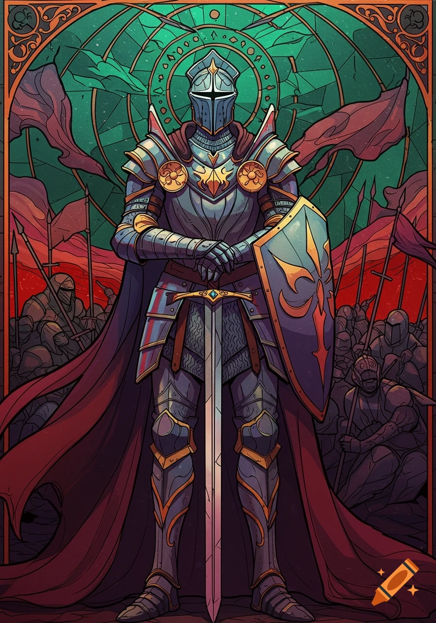 A knight in full plate armor with a sword and shield, standing against a backdrop of stylized soldiers, in a vibrant stained glass art style.