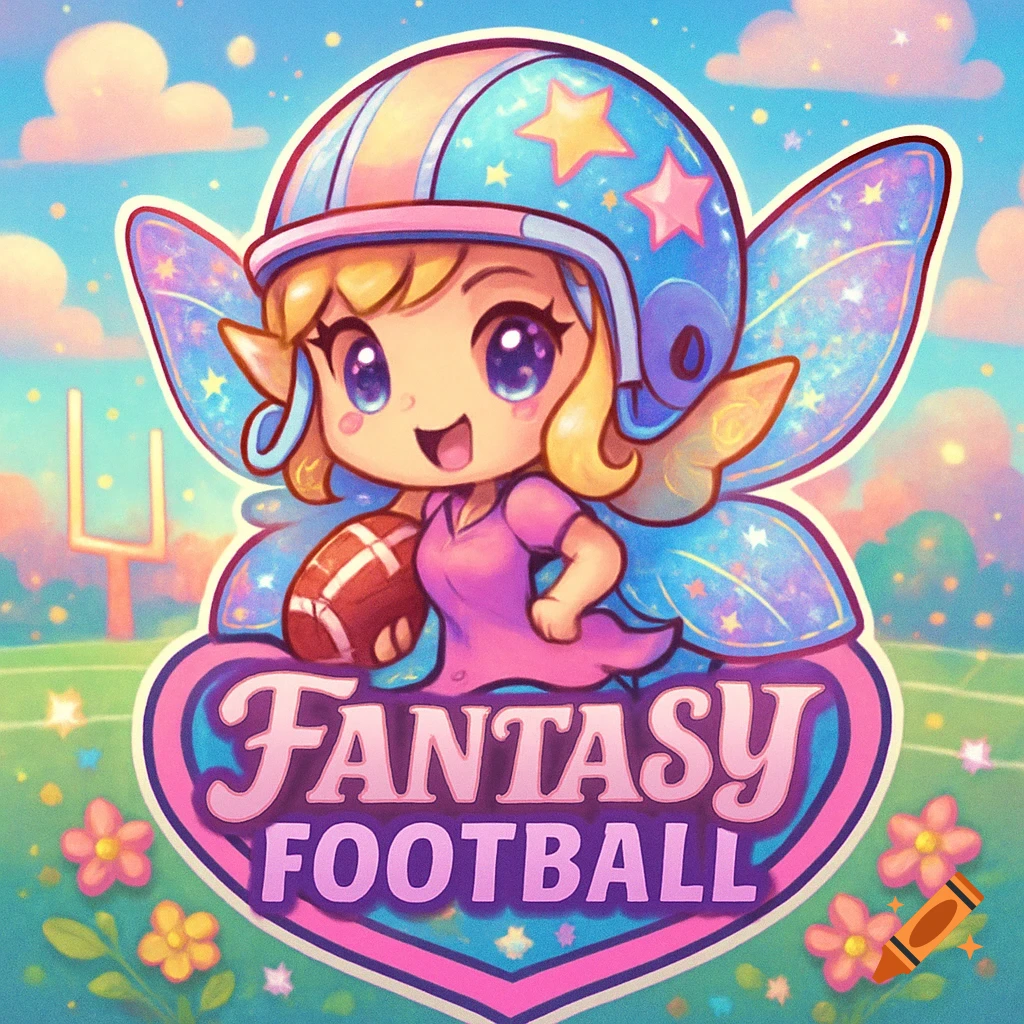 Cute chibi fairy character in a football helmet holding a football, with 'FANTASY FOOTBALL' text on a heart-shaped logo.