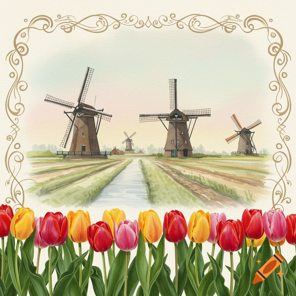Watercolor illustration of Dutch windmills, fields, and a row of colorful tulips, framed by a decorative scroll border.