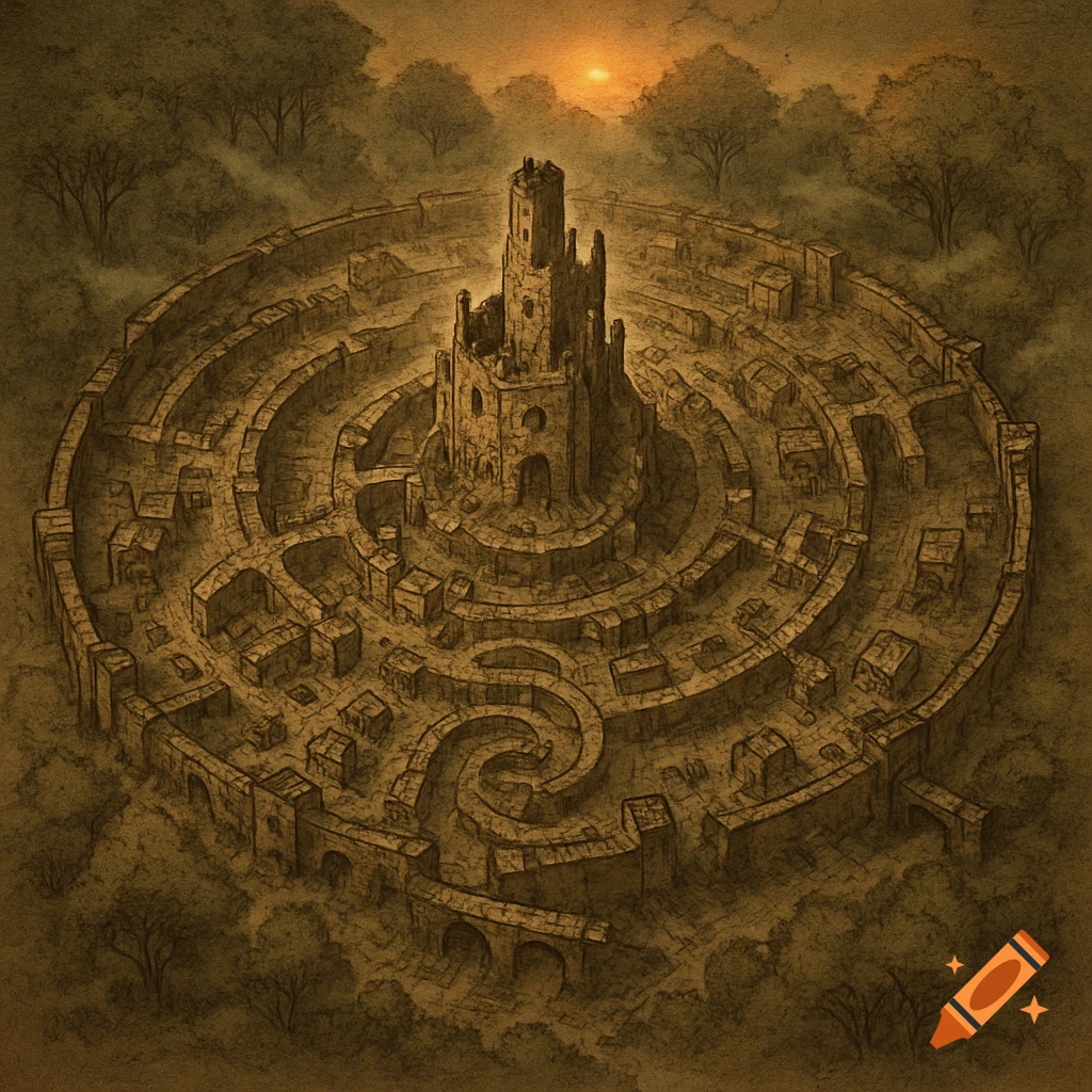 Aerial view of a circular, ruined, labyrinthine city with a central tower, in a vintage map or sketch style under a sunset sky.