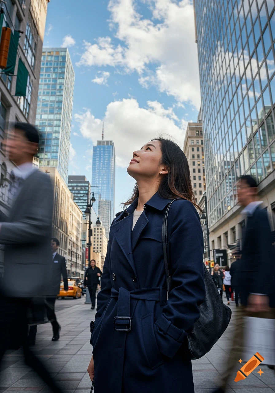A woman in a dark trench coat looks up on a busy city street with tall buildings and blurred people.
