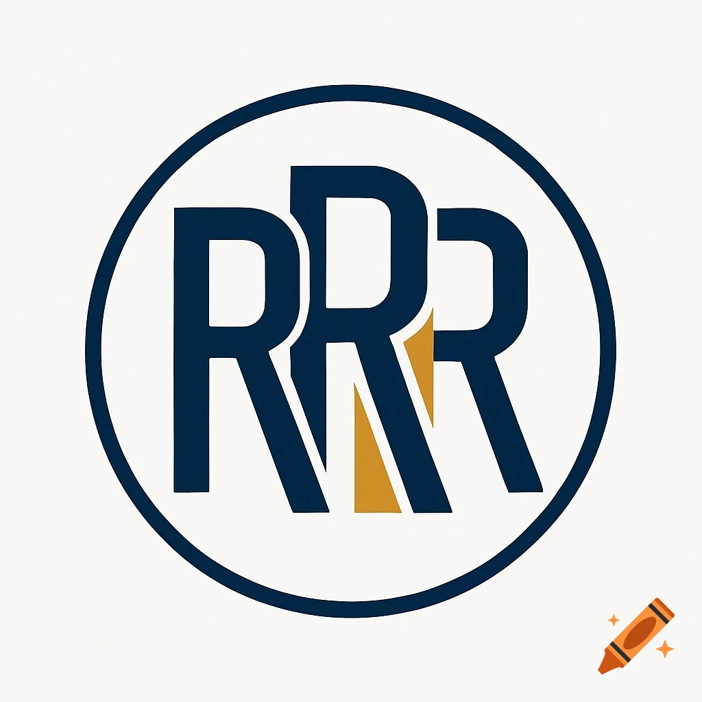 A dark blue RRR logo with a gold element on the middle R, enclosed in a dark blue circle on a white background.