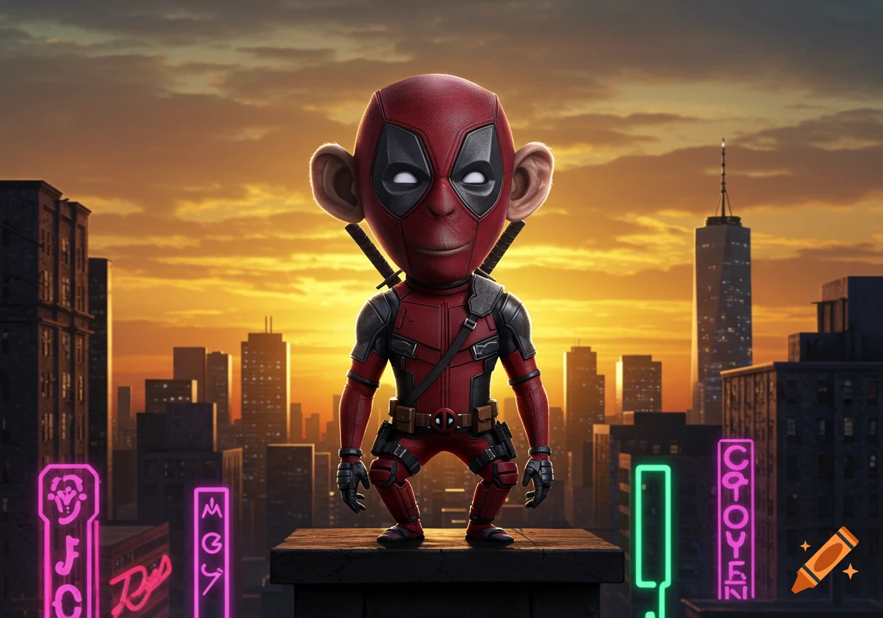 A stylized Deadpool monkey in a red and black suit stands on a rooftop at sunset in a city with glowing neon signs.