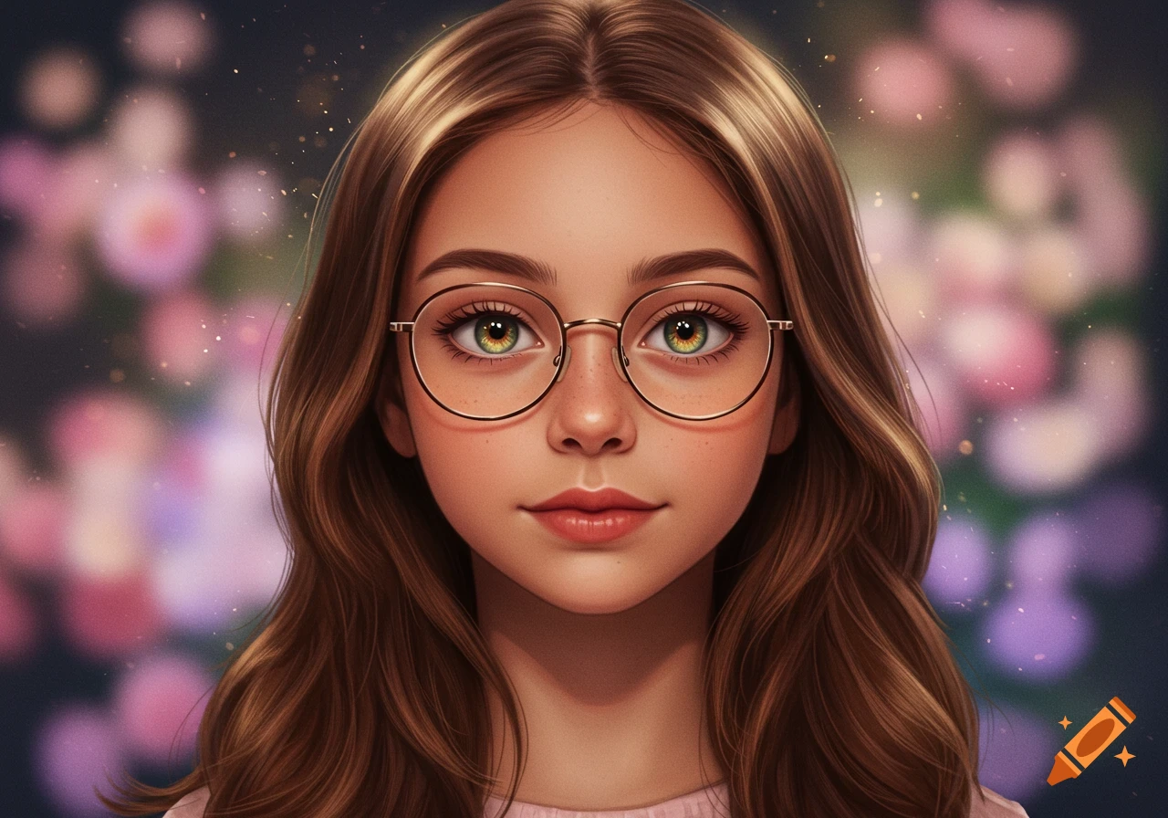 Illustration of a young girl with brown hair, hazel eyes, and round glasses, against a bokeh background.