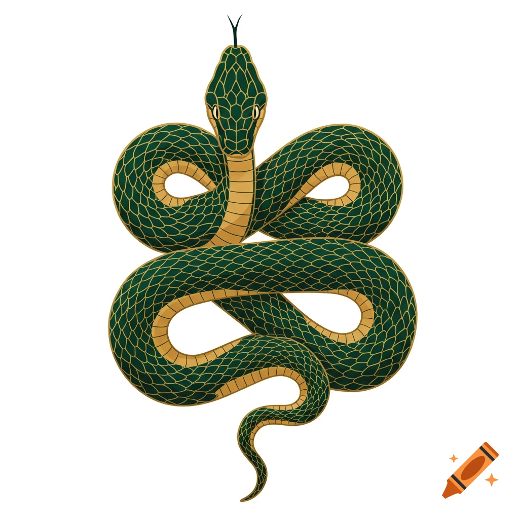 A stylized illustration of a green snake with golden belly scales, coiled elegantly on a white background, resembling tattoo line art.