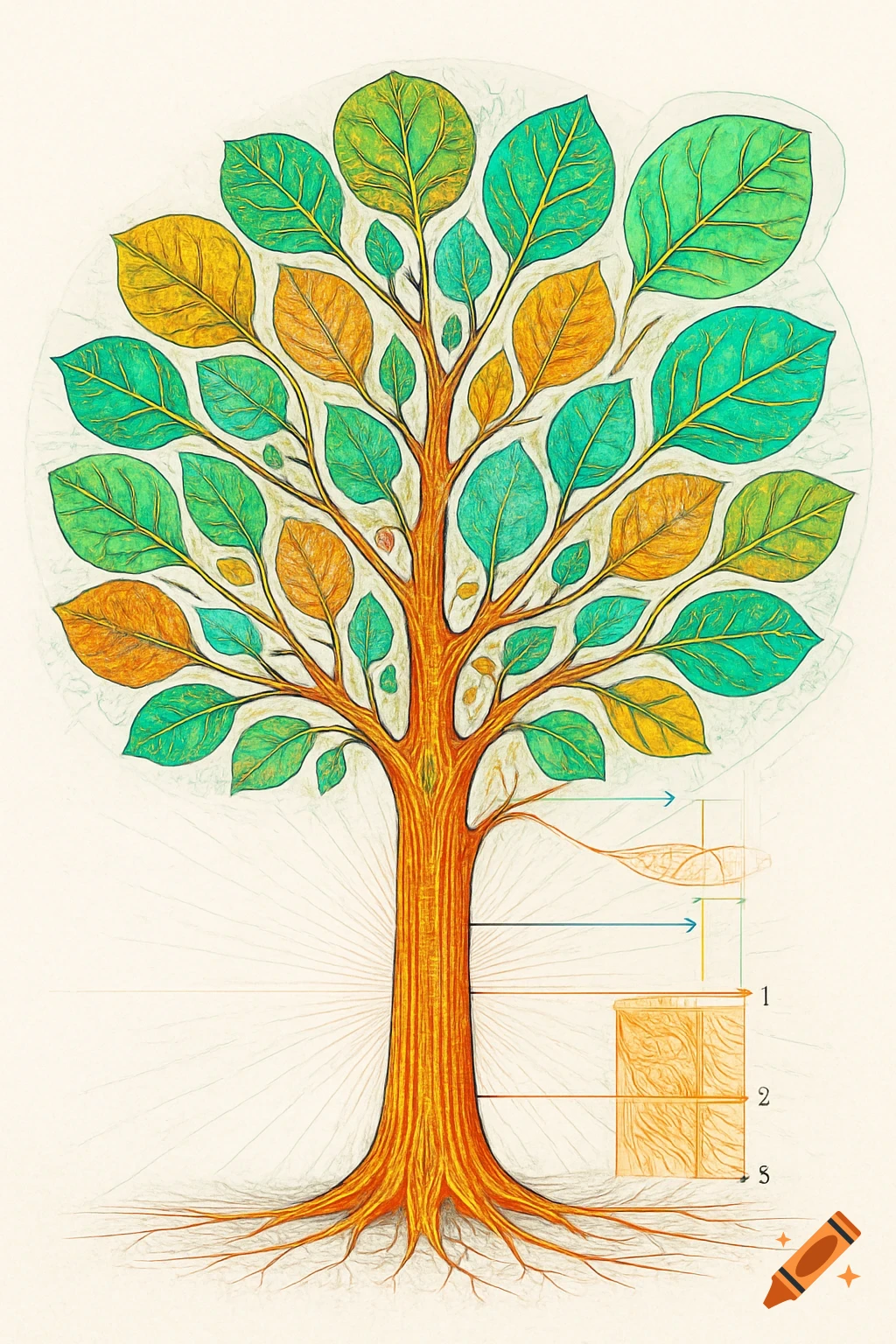 A stylized, colorful tree with green and orange leaves, brown trunk, and roots, featuring scientific diagram elements on a light background.