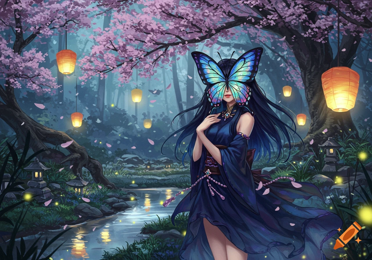 Anime girl in a blue dress with a butterfly mask in a cherry blossom forest with lanterns and a stream.