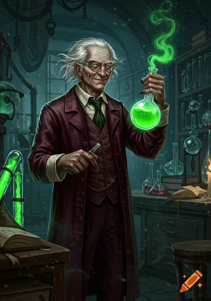 An old, white-haired mad scientist in a dark lab holds a glowing green flask and a vial, with books and equipment around him.