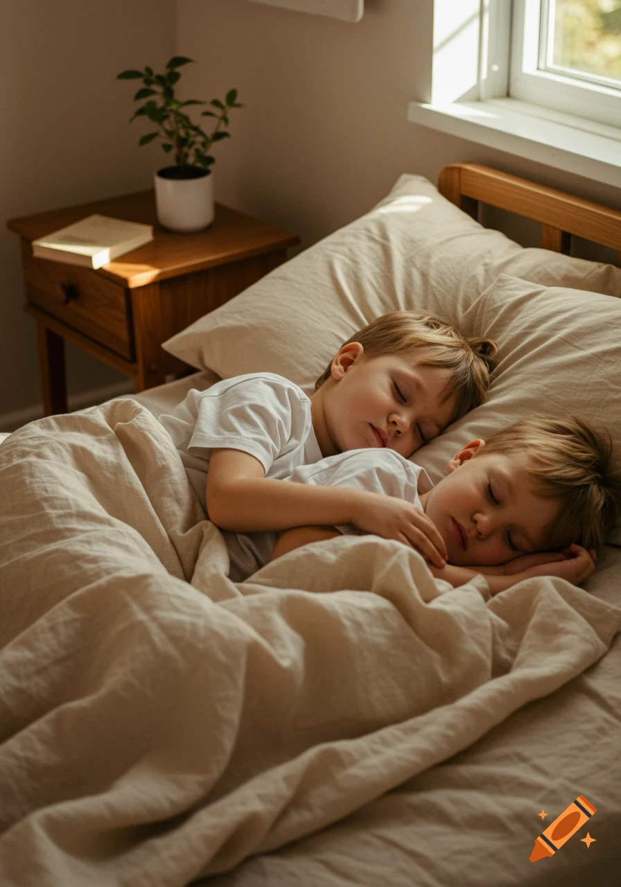 Two young boys with light brown hair sleep soundly under a light-colored duvet in a cozy bedroom with natural light.