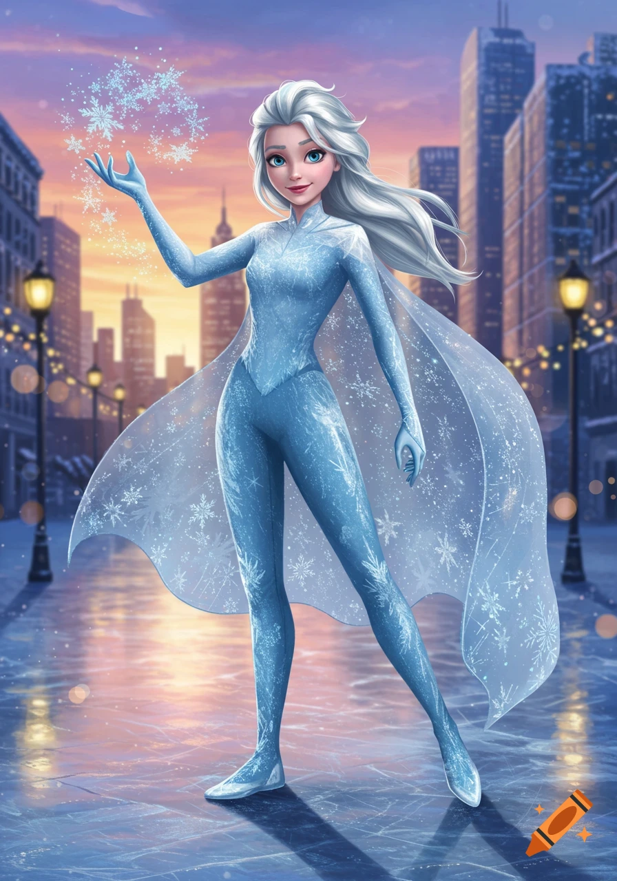 Digital art of a teenage girl resembling Elsa in a blue ice suit, conjuring snowflakes on an icy city street at sunset.