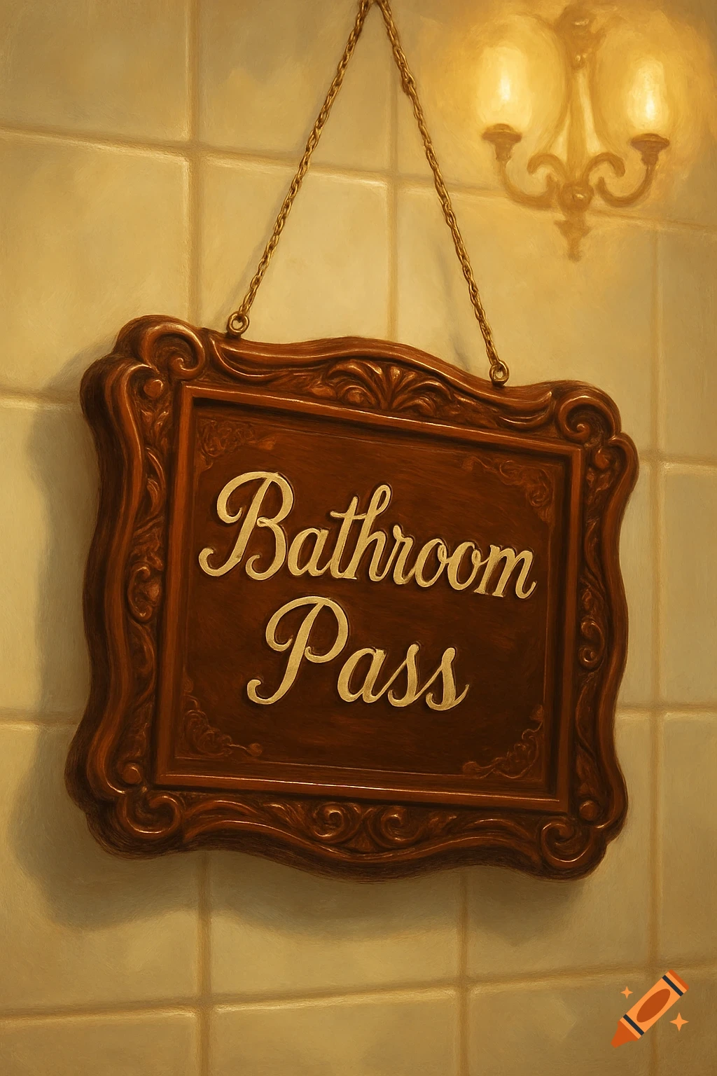 A vintage-style wooden 'Bathroom Pass' sign with ornate carvings hangs on a tiled wall, illuminated by a warm light fixture.