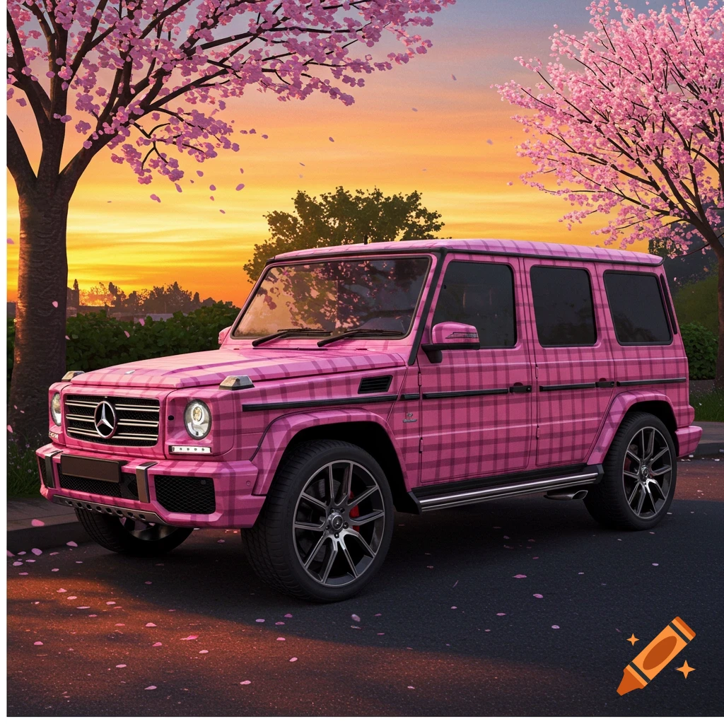 A pink plaid Mercedes G-Wagon parked on a road, surrounded by cherry blossom trees with falling petals, at sunset.