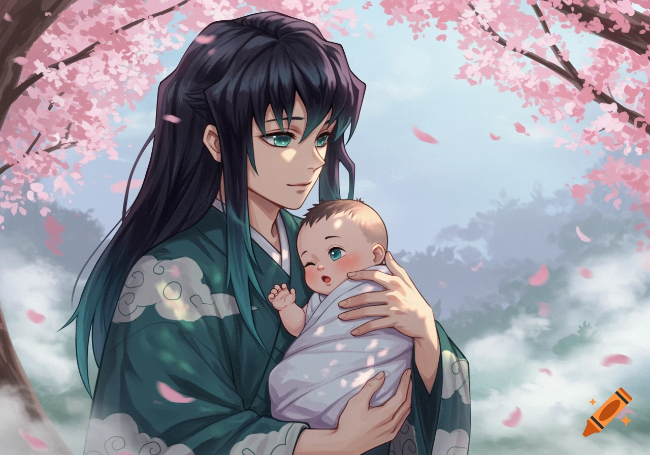 Anime character Muichiro Tokito holds a baby under cherry blossom trees with pink petals falling.