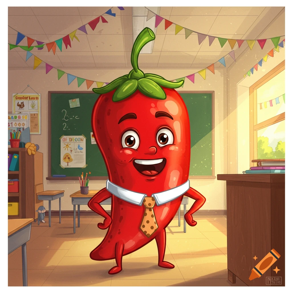 A happy, anthropomorphic red chili pepper wearing a white collar and polka-dotted tie stands in a sunny classroom. Cartoon style.