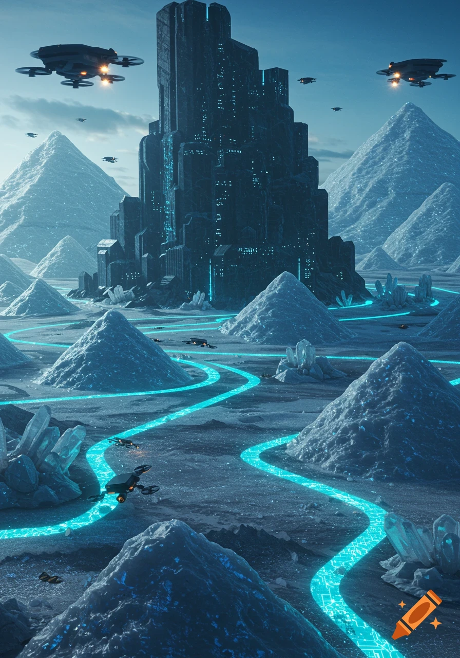 A towering futuristic city with glowing blue circuit paths on a snowy, mountainous landscape under a blue sky, with drones flying.