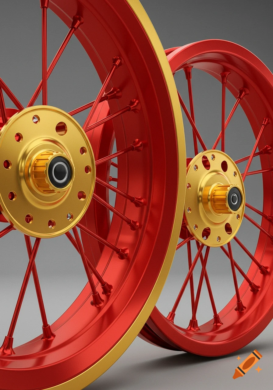 Two detailed red spoked wheels with shiny gold hubs and rims on a grey background.