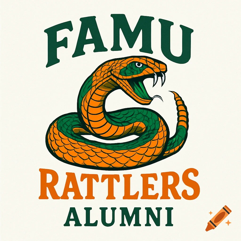 Stylized orange and green snake logo with 'FAMU' above and 'RATTLERS ALUMNI' below on a white background.
