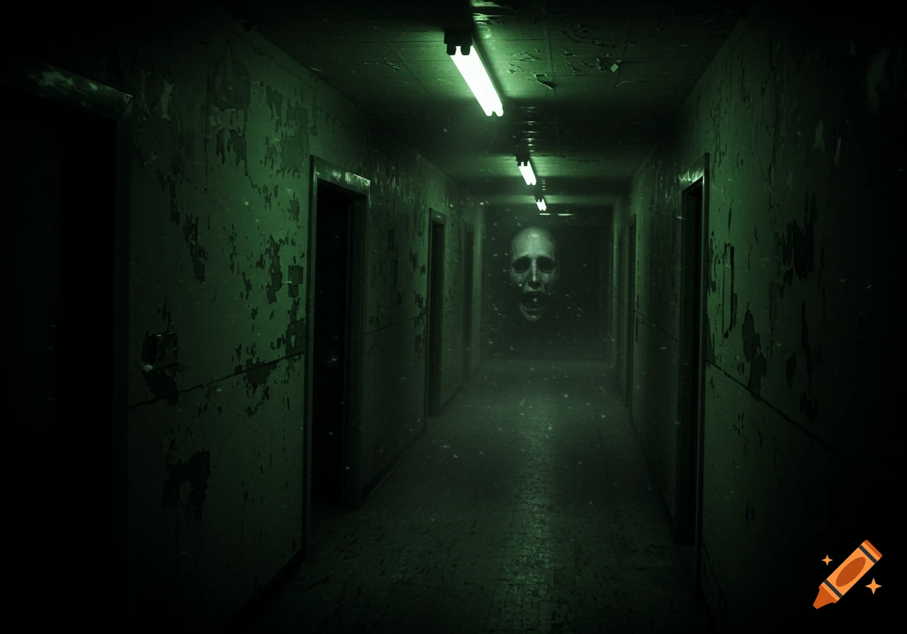 A long, dark, decaying hallway with green fluorescent lights, and a large, pale, screaming ghostly face floating in the distance, resembling CCTV footage.