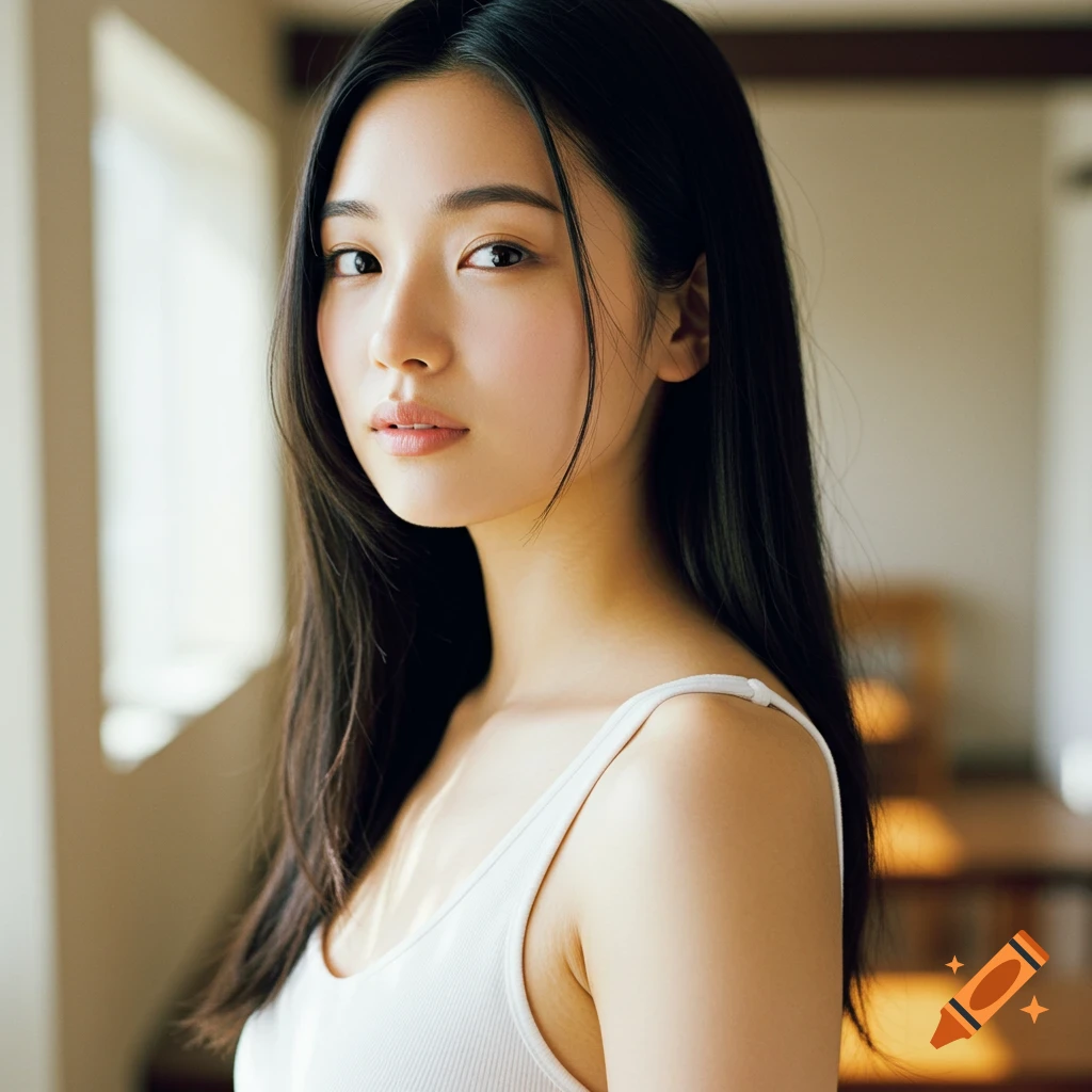 Close-up photorealistic portrait of a young Japanese woman with long black hair and a white tank top, looking at the viewer.