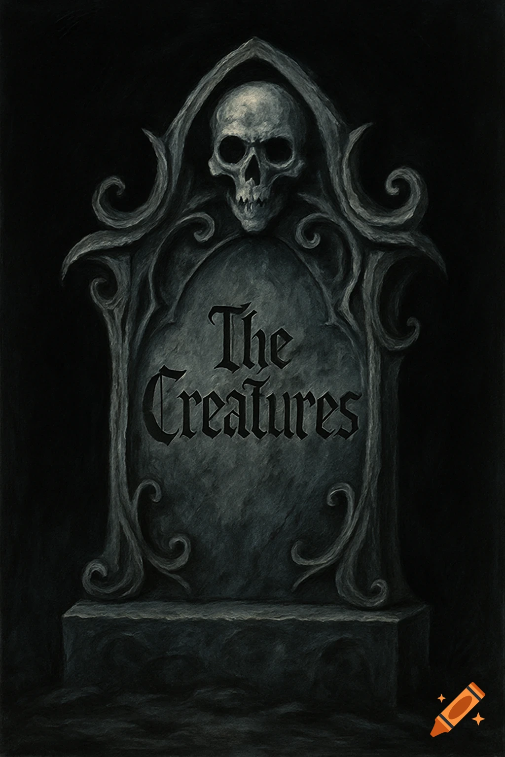 A dark gothic tombstone with a skull at the top, carved with 'The Creatures', against a solid black background.