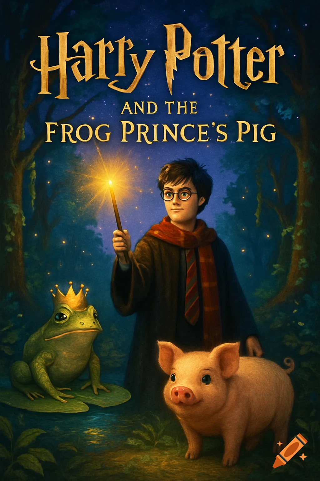 Harry Potter holding a glowing wand next to a crowned frog and a pig in a magical forest. Book cover for 'Harry Potter and the Frog Prince's Pig'.