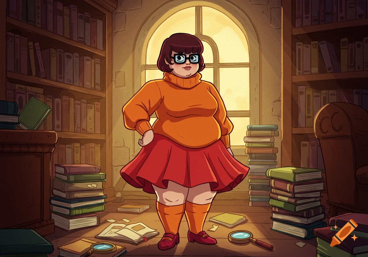 A 2D cartoon drawing of a plus-size Velma from Scooby-Doo standing confidently in a library filled with books.