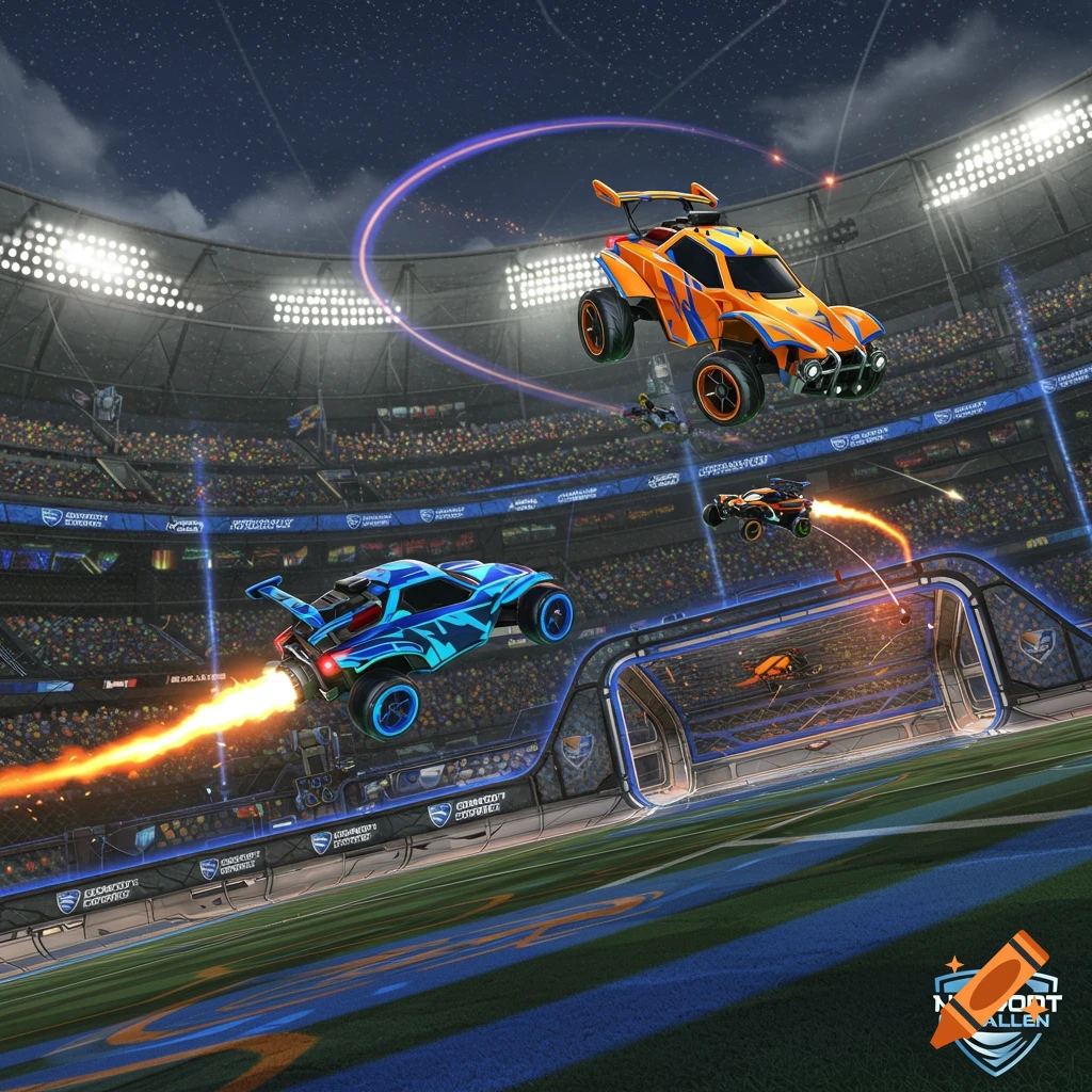 Two futuristic cars, one blue and one orange, fly and boost with fiery trails in a brightly lit stadium during a nighttime Rocket League match.