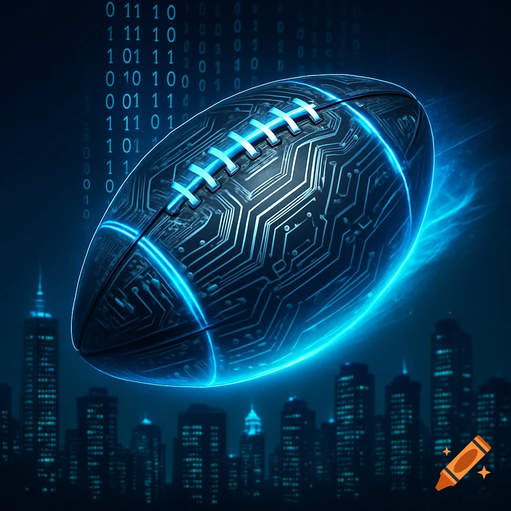 Digital art football with glowing blue circuit patterns, floating above a dark cityscape with binary code in the background.